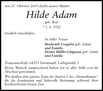 Traueranzeige von Hilde Adam von Darmstädter Echo, Odenwälder Echo, Rüsselsheimer Echo, Groß-Gerauer-Echo, Ried Echo