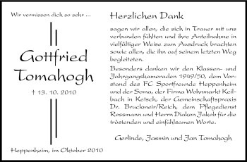 Traueranzeige von Gottfried Tomahogh von Starkenburger Echo