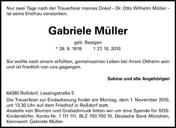 Traueranzeige von Gabriele Müller von Echo-Zeitungen (Gesamtausgabe)