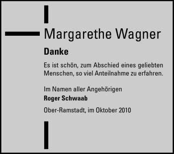 Traueranzeige von Margarethe Wagner von Darmstädter Echo, Odenwälder Echo, Rüsselsheimer Echo, Groß-Gerauer-Echo, Ried Echo