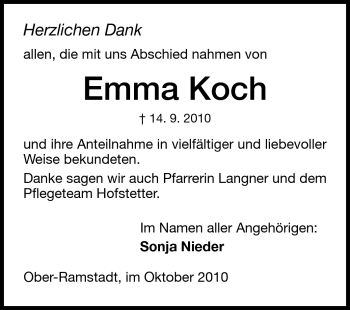 Traueranzeige von Emma Koch von Darmstädter Echo, Odenwälder Echo, Rüsselsheimer Echo, Groß-Gerauer-Echo, Ried Echo