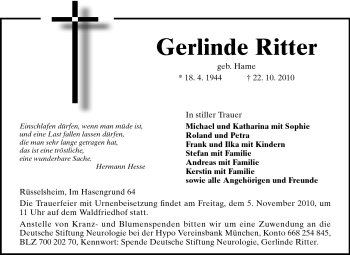 Traueranzeige von Gerlinde Ritter von Rüsselsheimer Echo, Groß-Gerauer-Echo, Ried Echo