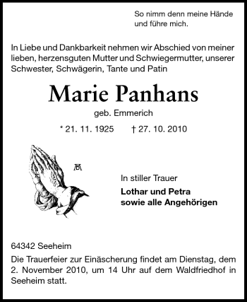 Traueranzeige von Marie Panhans von Echo-Zeitungen (Gesamtausgabe)