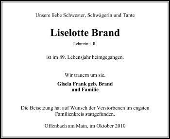 Traueranzeige von Liselotte Brand von Odenwälder Echo