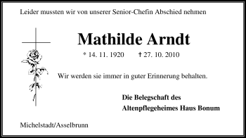 Traueranzeige von Mathilde Arndt von Odenwälder Echo