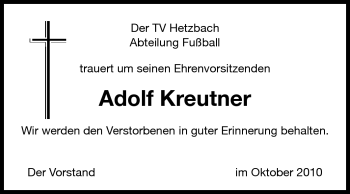 Traueranzeige von Adolf Kreutner von Odenwälder Echo