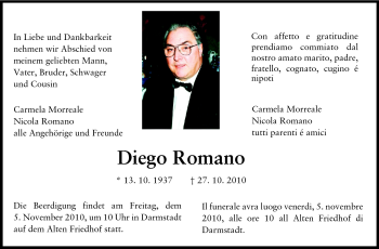 Traueranzeige von Diego Romano von Darmstädter Echo, Odenwälder Echo, Rüsselsheimer Echo, Groß-Gerauer-Echo, Ried Echo