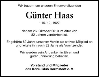 Traueranzeige von Günter Haas von Echo-Zeitungen (Gesamtausgabe)