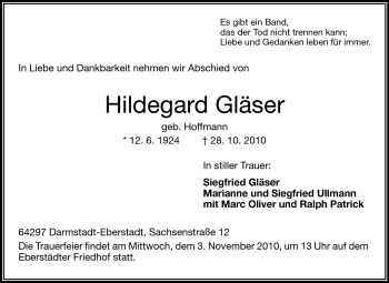 Traueranzeige von Hildegard Gläser von Echo-Zeitungen (Gesamtausgabe)