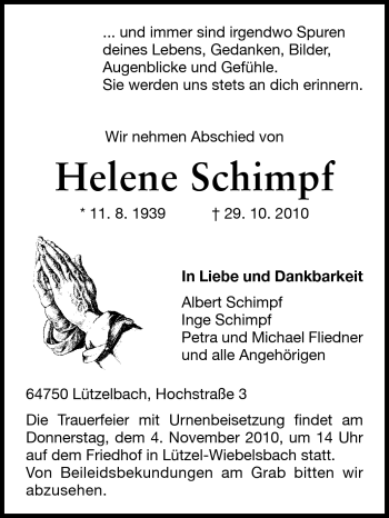 Traueranzeige von Helene Schimpf von Odenwälder Echo