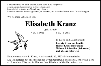 Traueranzeige von Elisabeth Kranz von Odenwälder Echo