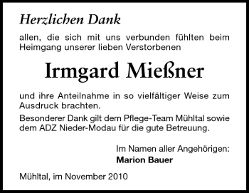 Traueranzeige von Irmgard Mießner von Darmstädter Echo, Odenwälder Echo, Rüsselsheimer Echo, Groß-Gerauer-Echo, Ried Echo