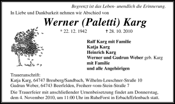 Traueranzeige von Werner Karg von Odenwälder Echo
