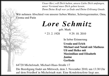 Traueranzeige von Lore Schmitz von Odenwälder Echo