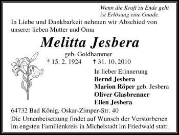 Traueranzeige von Melitta Jesbera von Odenwälder Echo
