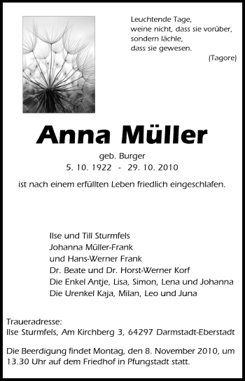 Traueranzeige von Anna Müller von Echo-Zeitungen (Gesamtausgabe)