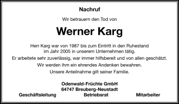 Traueranzeige von Werner Karg von Odenwälder Echo