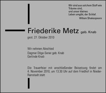 Traueranzeige von Friederike Metz von Darmstädter Echo, Odenwälder Echo, Rüsselsheimer Echo, Groß-Gerauer-Echo, Ried Echo