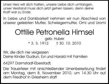 Traueranzeige von Ottilie Petronella Himsel von Echo-Zeitungen (Gesamtausgabe)