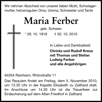 Traueranzeige von Maria Ferber von Darmstädter Echo, Odenwälder Echo, Rüsselsheimer Echo, Groß-Gerauer-Echo, Ried Echo