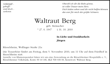 Traueranzeige von Waltraut Berg von Rüsselsheimer Echo, Groß-Gerauer-Echo, Ried Echo