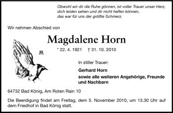 Traueranzeige von Magdalene Horn von Odenwälder Echo