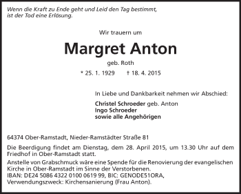 Traueranzeige von Margret Anton  von Echo-Zeitungen (Gesamtausgabe)
