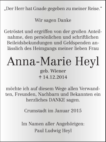 Traueranzeige von Anna-Marie Heyl von Rüsselsheimer Echo, Groß-Gerauer-Echo, Ried Echo