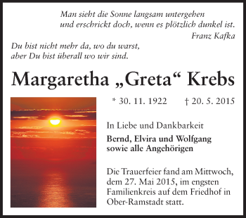 Traueranzeige von Margaretha Krebs von Echo-Zeitungen (Gesamtausgabe)