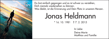 Traueranzeige von Jonas Heldmann von Echo-Zeitungen (Gesamtausgabe)