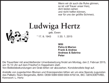 Traueranzeige von Ludwiga Hertz von Starkenburger Echo