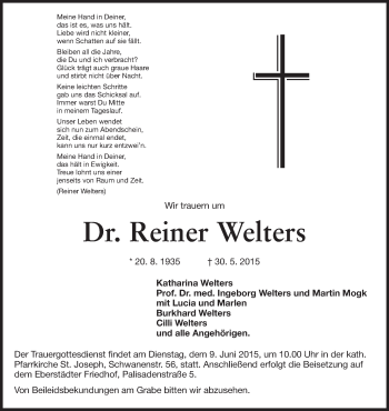 Traueranzeige von Reiner Welters von Echo-Zeitungen (Gesamtausgabe)