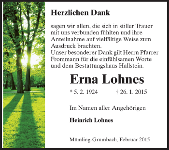 Traueranzeige von Erna Lohnes von Odenwälder Echo