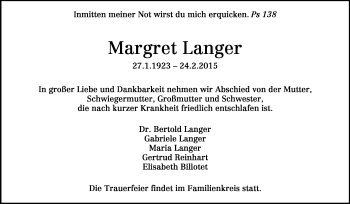 Traueranzeige von Margret Langer von Echo-Zeitungen (Gesamtausgabe)