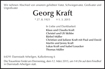 Traueranzeige von Georg Kraft von Echo-Zeitungen (Gesamtausgabe)