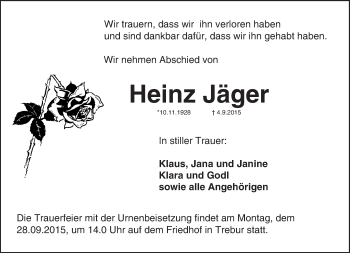 Traueranzeige von Heinz Jäger von trauer.echo-online.de