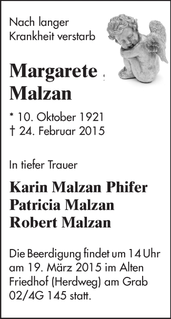 Traueranzeige von Margarete Malzan von Echo-Zeitungen (Gesamtausgabe)
