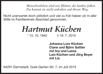 Traueranzeige von Hartmut Küchen von Echo-Zeitungen (Gesamtausgabe)