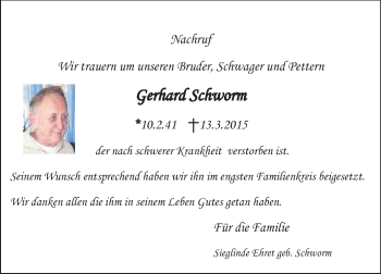 Traueranzeige von Gerhard Schworm von Odenwälder Echo