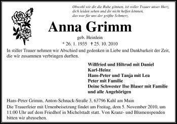 Traueranzeige von Anna Grimm von Odenwälder Echo