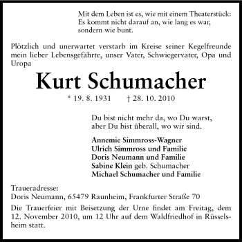 Traueranzeige von Kurt Schumacher von Rüsselsheimer Echo, Groß-Gerauer-Echo, Ried Echo