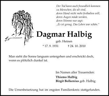 Traueranzeige von Dagmar Halbig von Darmstädter Echo, Odenwälder Echo, Rüsselsheimer Echo, Groß-Gerauer-Echo, Ried Echo