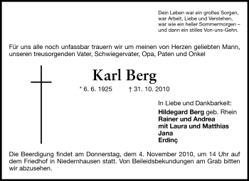 Traueranzeige von Karl Berg von Echo-Zeitungen (Gesamtausgabe)