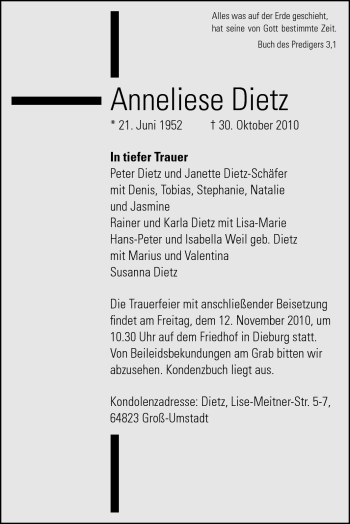 Traueranzeige von Anneliese Dietz von Echo-Zeitungen (Gesamtausgabe)