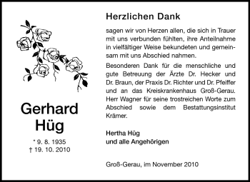 Traueranzeige von Gerhard Hüg von Rüsselsheimer Echo, Groß-Gerauer-Echo, Ried Echo