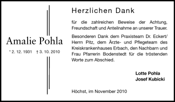 Traueranzeige von Amalie Pohla von Odenwälder Echo