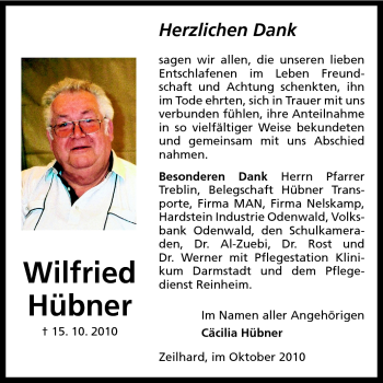 Traueranzeige von Wilfried Hübner von Echo-Zeitungen (Gesamtausgabe)