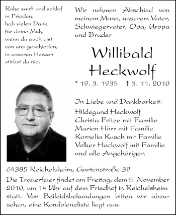 Traueranzeige von Willibald Heckwolf von Odenwälder Echo