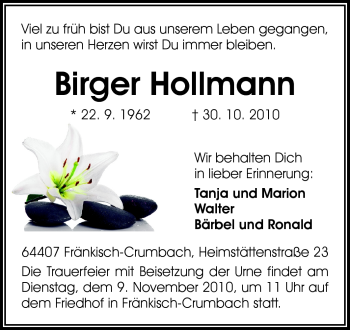 Traueranzeige von Birger Hollmann von Odenwälder Echo