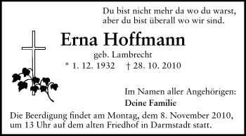 Traueranzeige von Erna Hoffmann von Darmstädter Echo, Odenwälder Echo, Rüsselsheimer Echo, Groß-Gerauer-Echo, Ried Echo